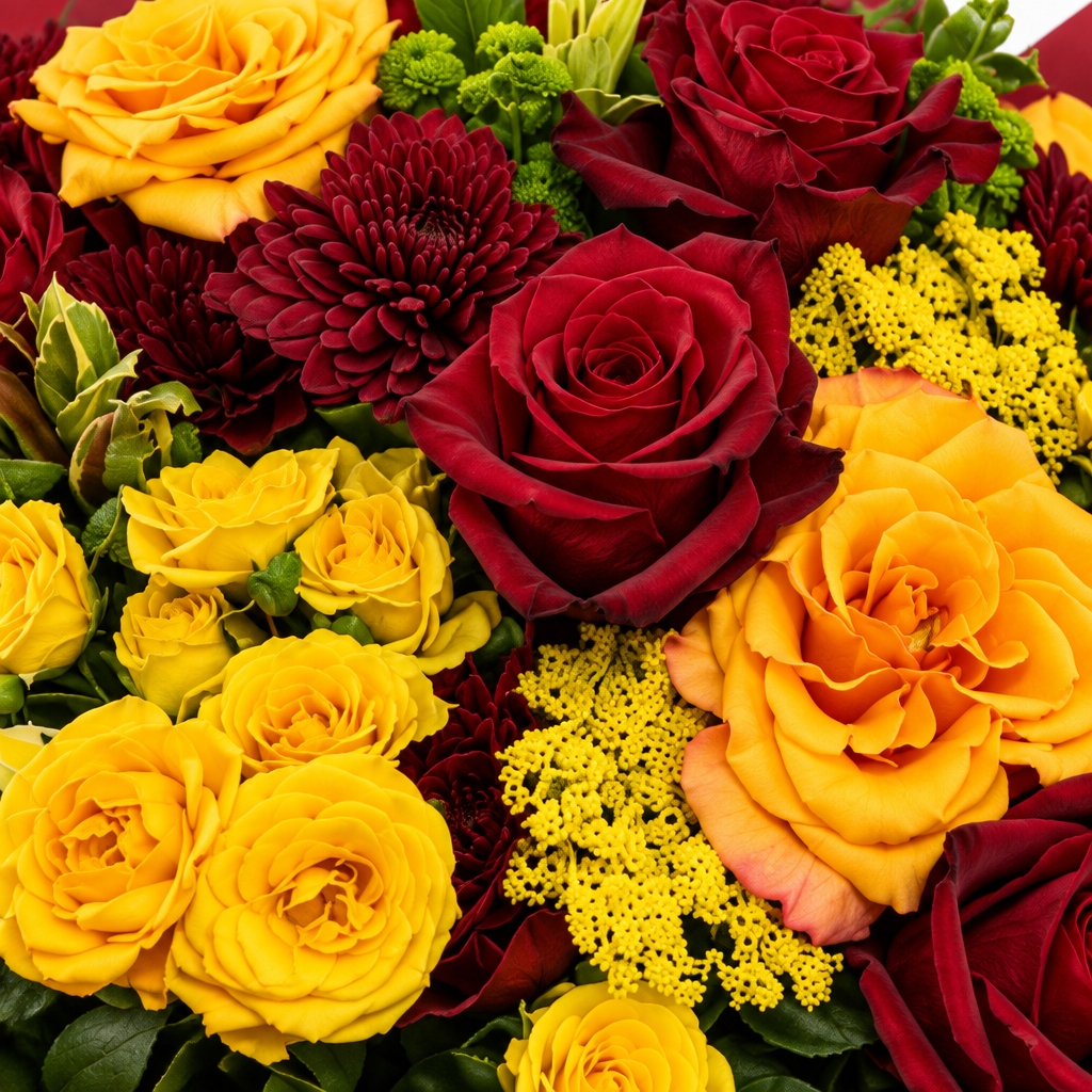 Close detail of red and yellow roses with burgundy chrysanthemums