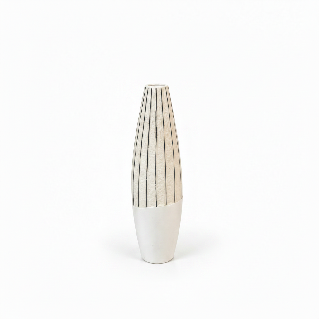 Tall textured ivory vase shown smaller without orchids or stems