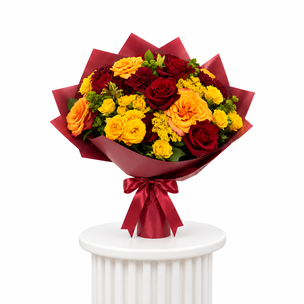 Sunset Romance red and yellow rose bouquet on a white fluted pedestal