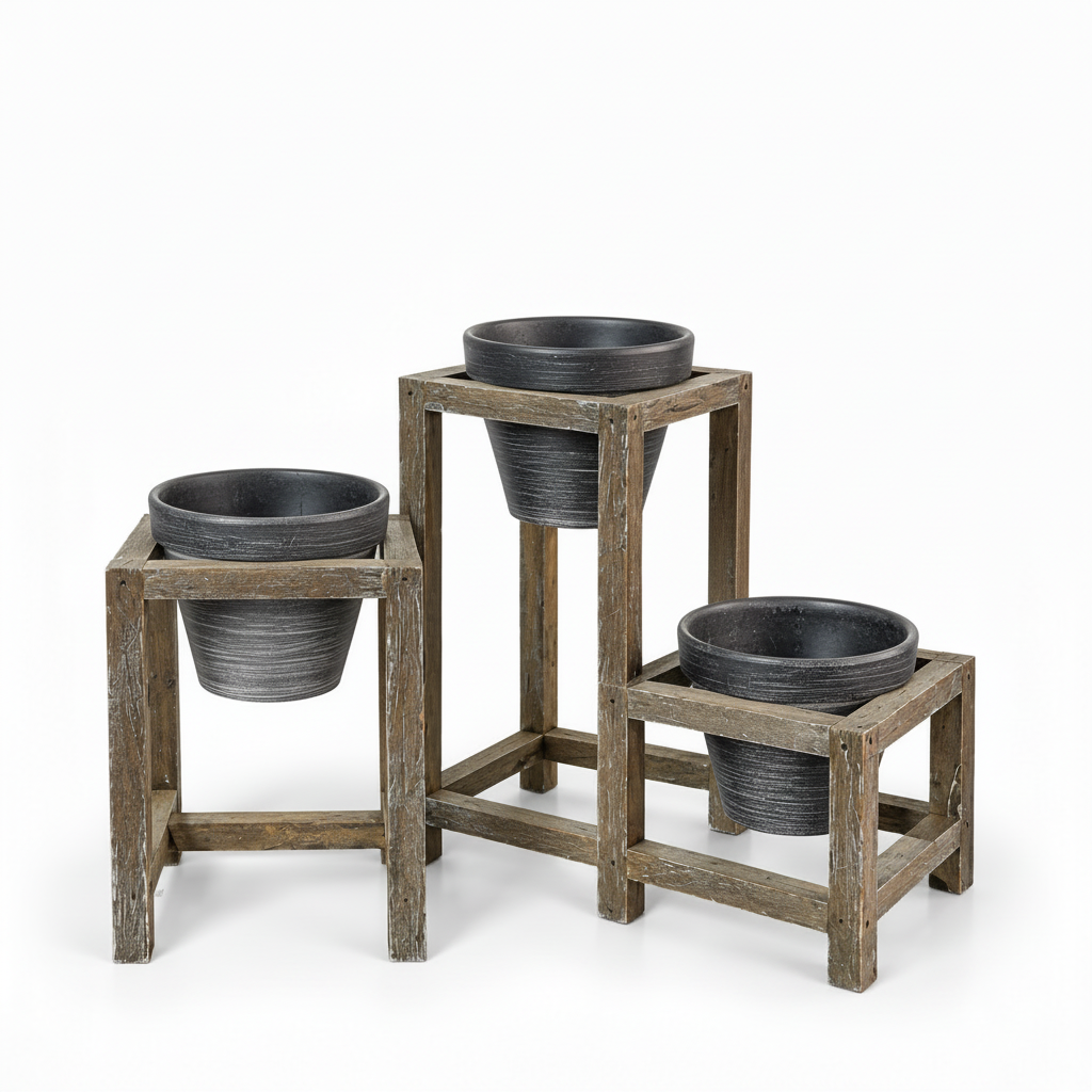 Rustic three-level plant stand shown smaller with all three dark planters empty