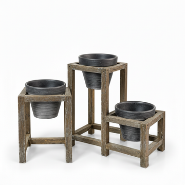 Rustic three-level plant stand shown smaller with all three dark planters empty