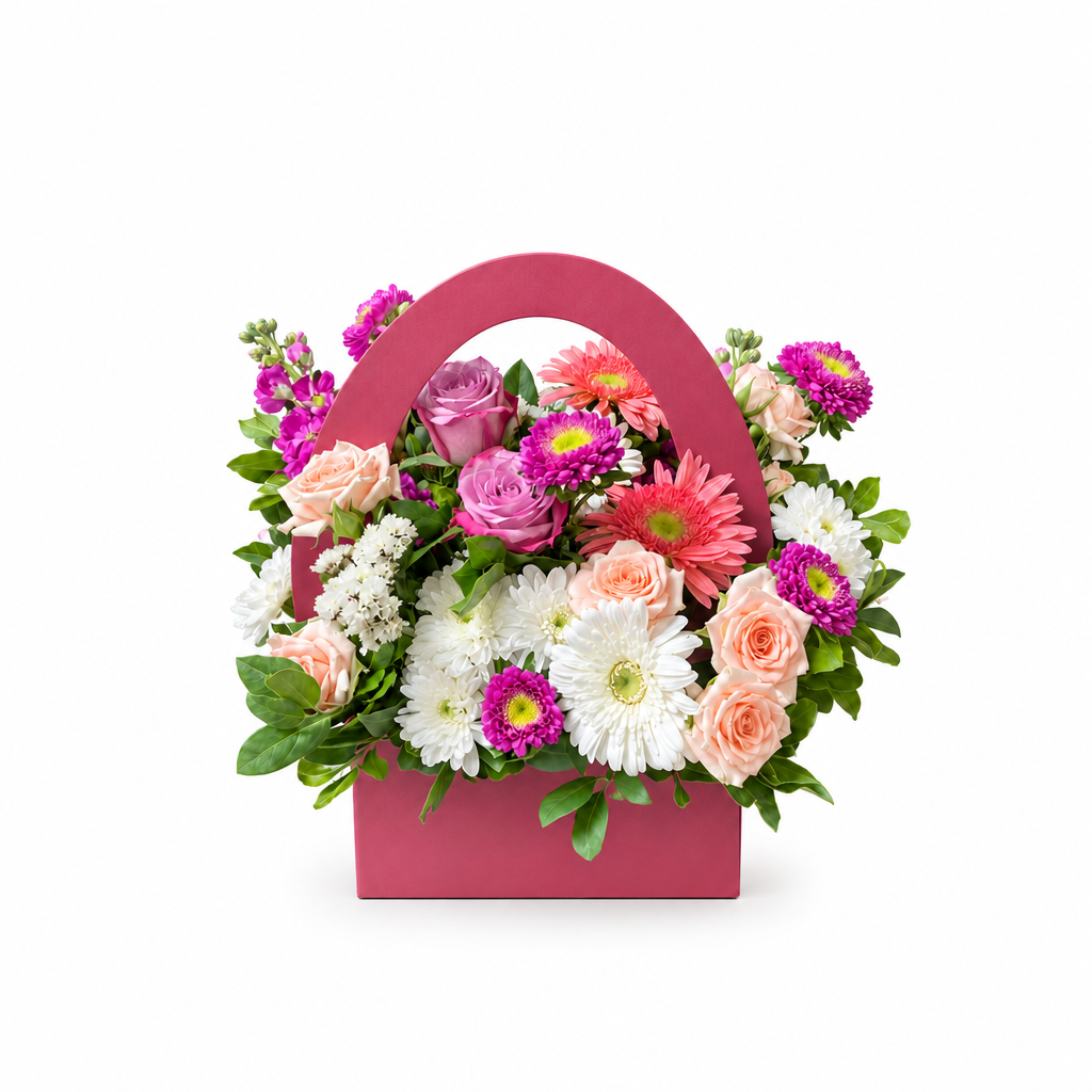 Blush Garden mixed flower handbag arrangement on a white background