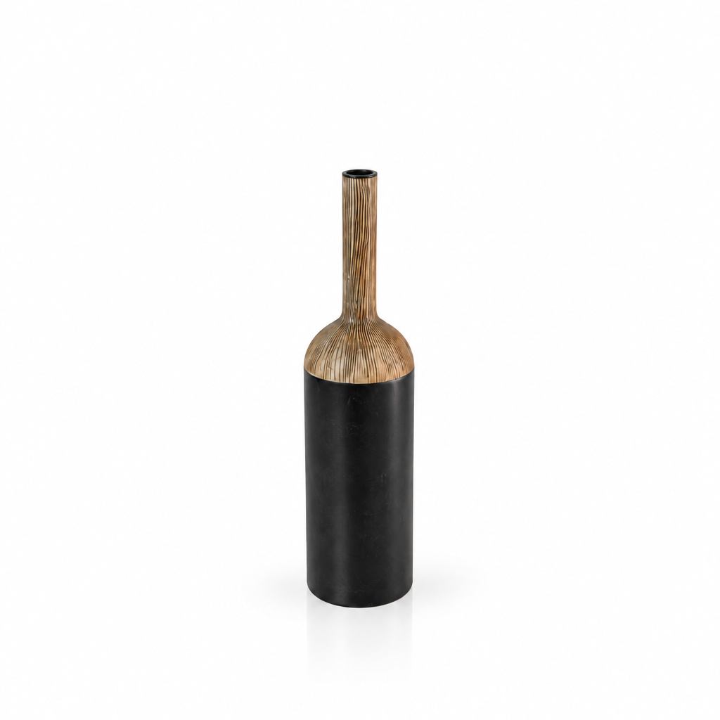 Tall matte black ceramic vase with a ribbed brown wood-effect neck shown empty on white