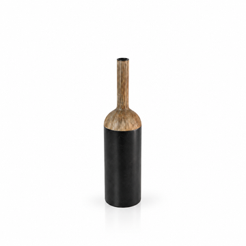Tall matte black ceramic vase with a ribbed brown wood-effect neck shown empty on white