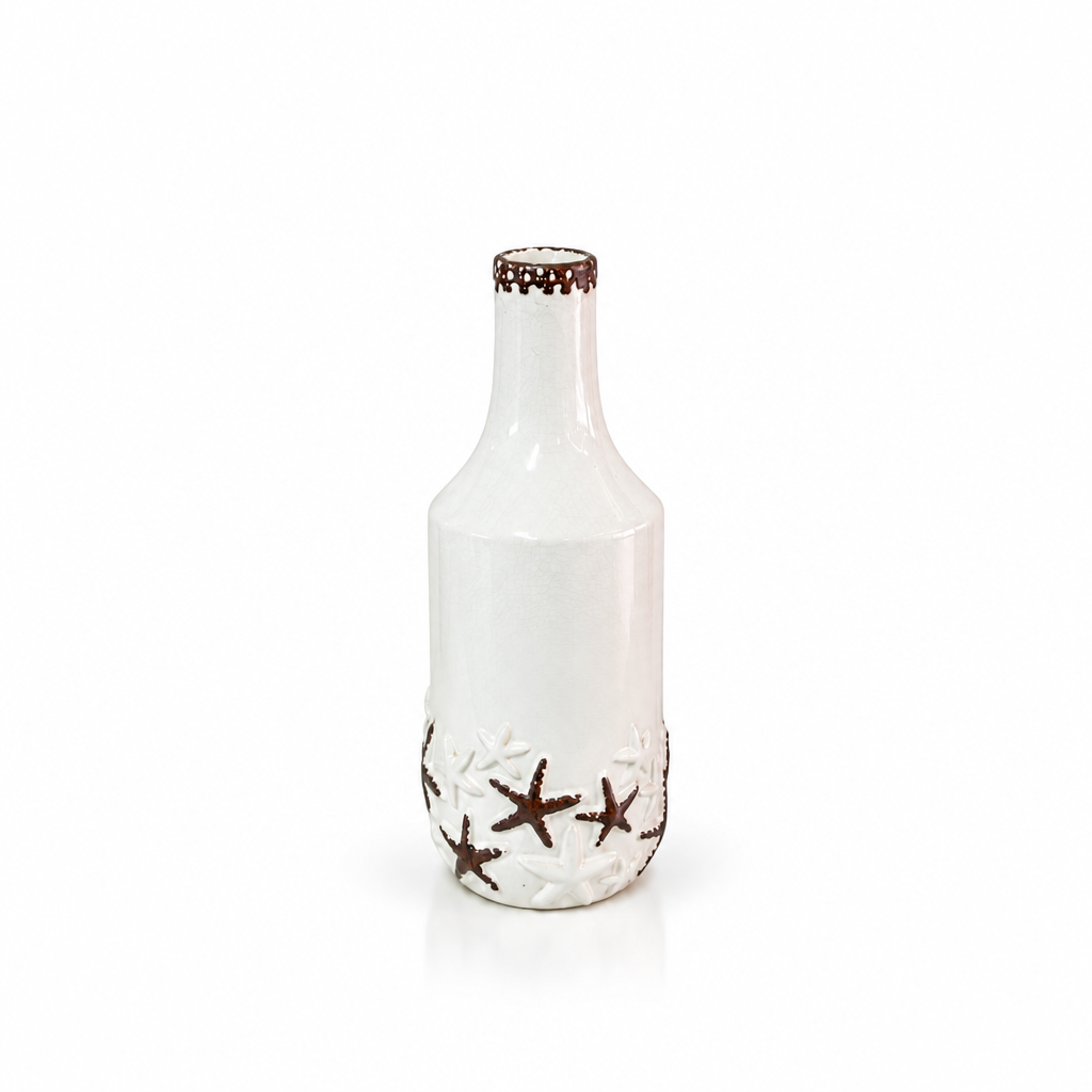 Coastal white starfish bottle ceramic vase shown empty with generous white space