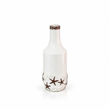 Coastal white starfish bottle ceramic vase shown empty with generous white space