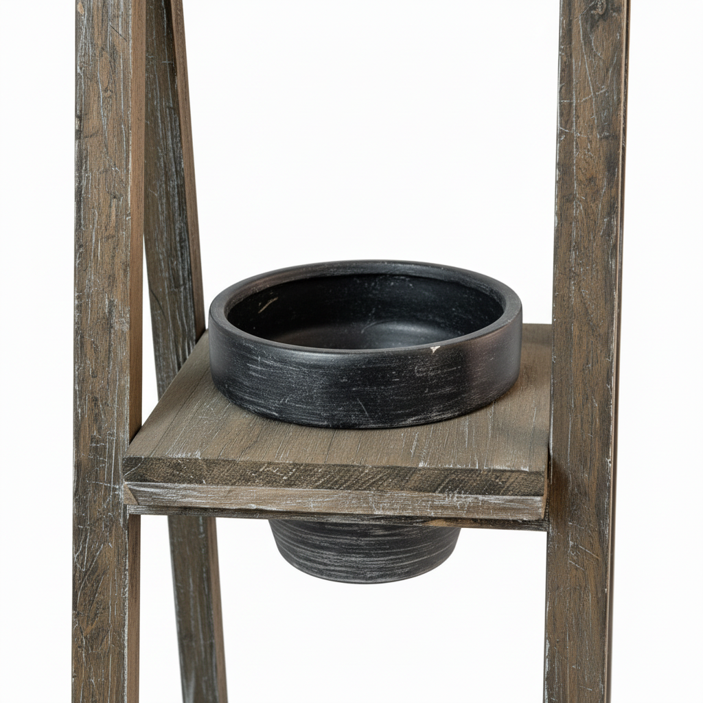 Close-up detail of rustic frame, shelf, and empty dark planter