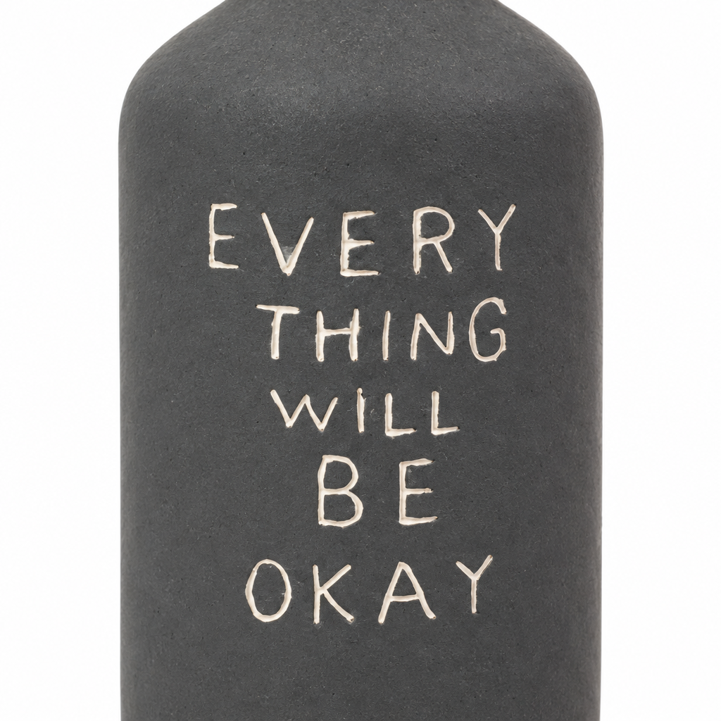 Close-up detail of the Everything Will Be Okay lettering and matte charcoal ceramic texture