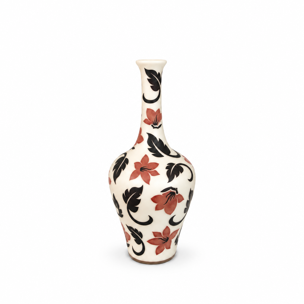 Long-neck ivory floral pattern ceramic vase shown empty with generous white space