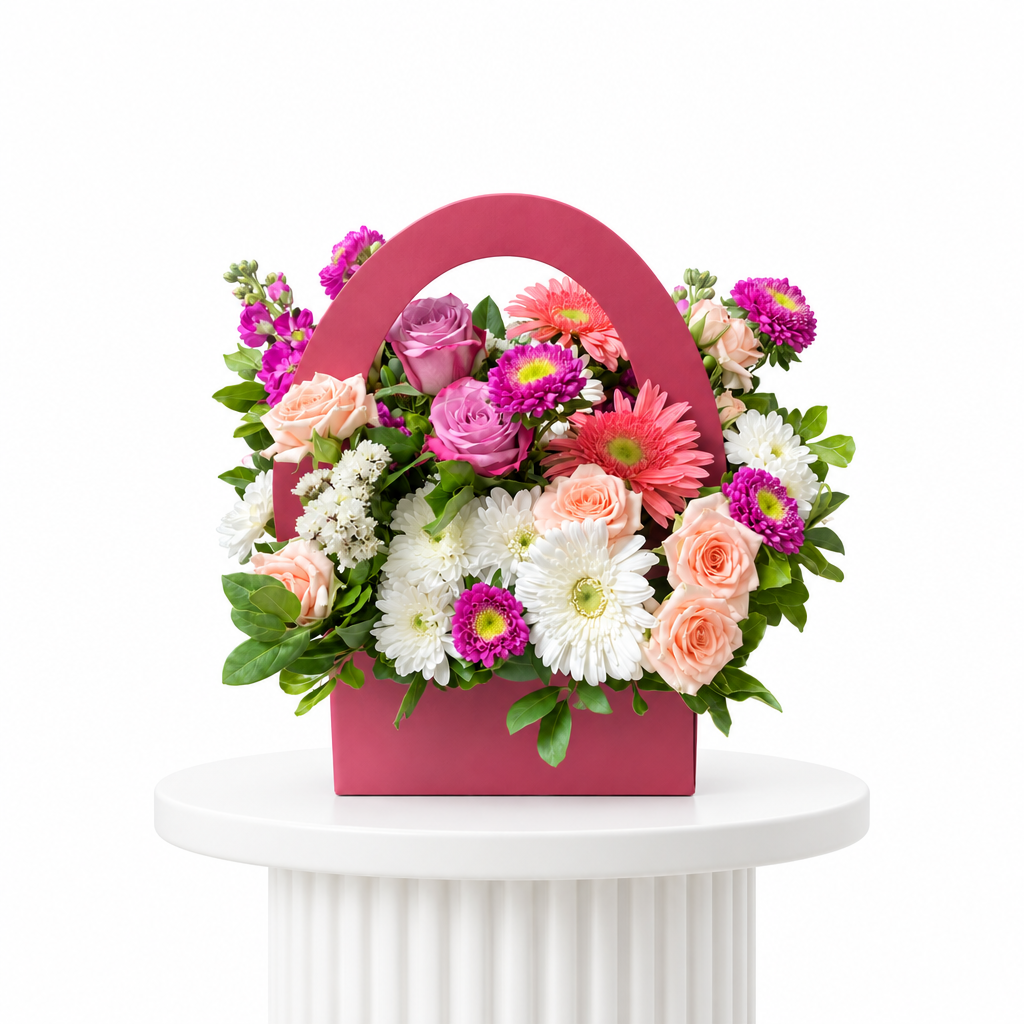 Blush Garden mixed flower handbag arrangement on a white fluted pedestal