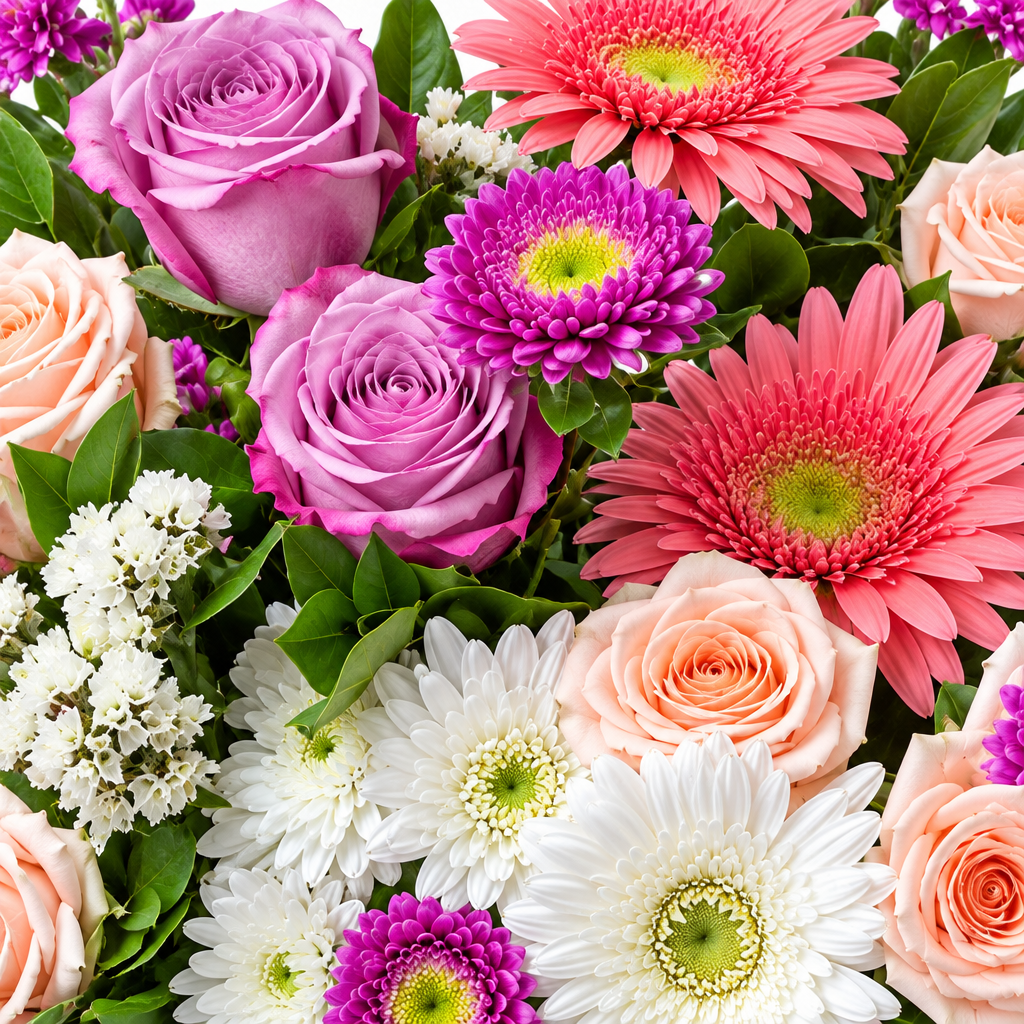 Close detail of lavender and peach roses, gerberas and chrysanthemums