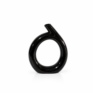 Modern black angled-neck ring ceramic vase shown empty with generous white space