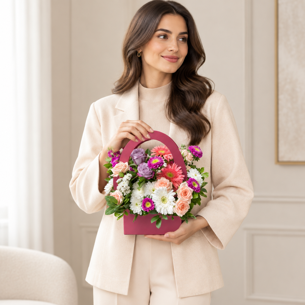 Woman holding a Blush Garden mixed flower handbag arrangement