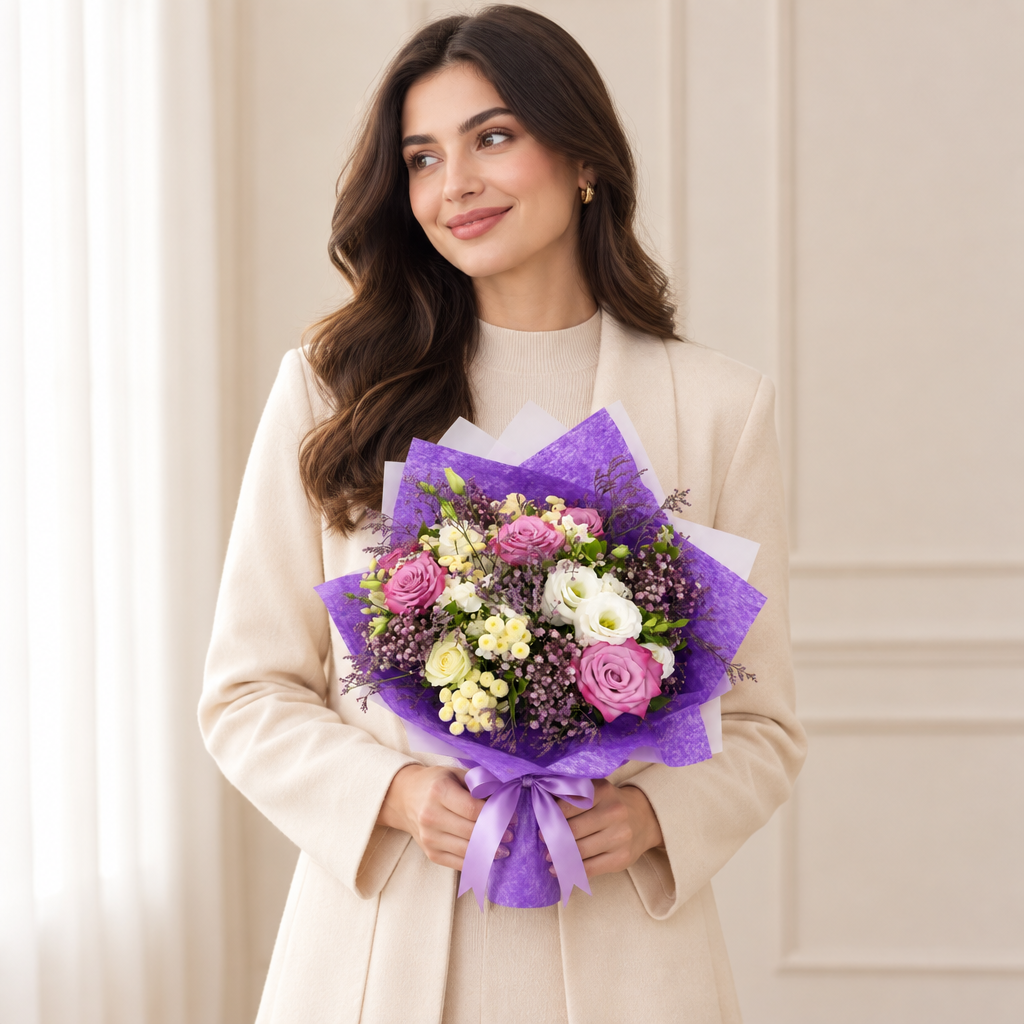 Woman holding the Purple Romance rose gift bouquet