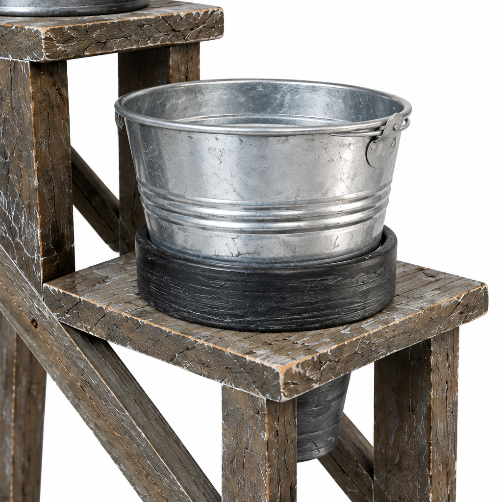 Close-up detail of galvanized planter, black collar, and distressed wooden frame