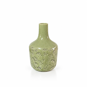 Sage green pierced ceramic vase shown empty with generous white space