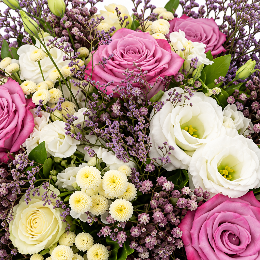 Close detail of pink roses, cream blooms and purple filler flowers
