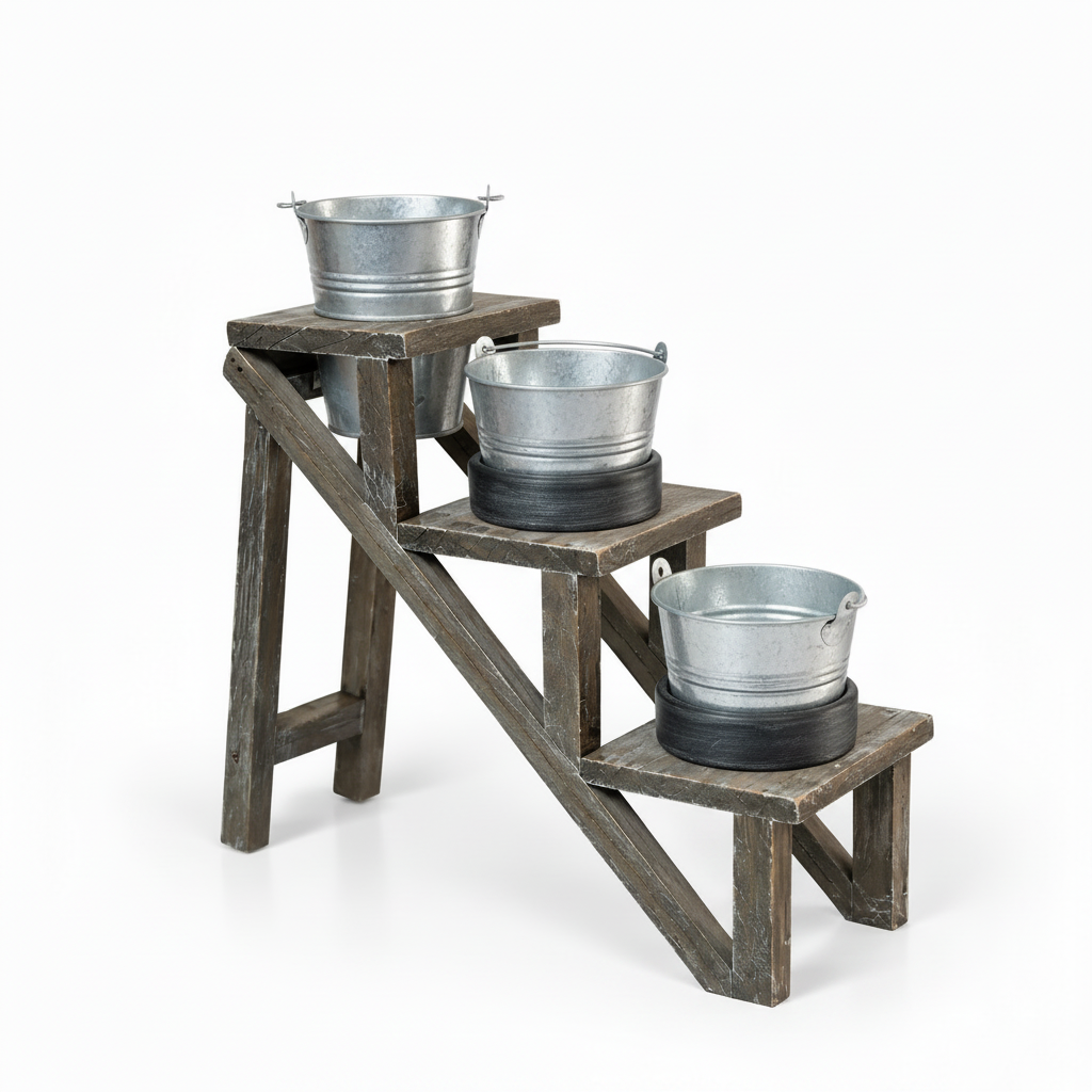Rustic three-tier plant stand shown smaller with all galvanized planters empty