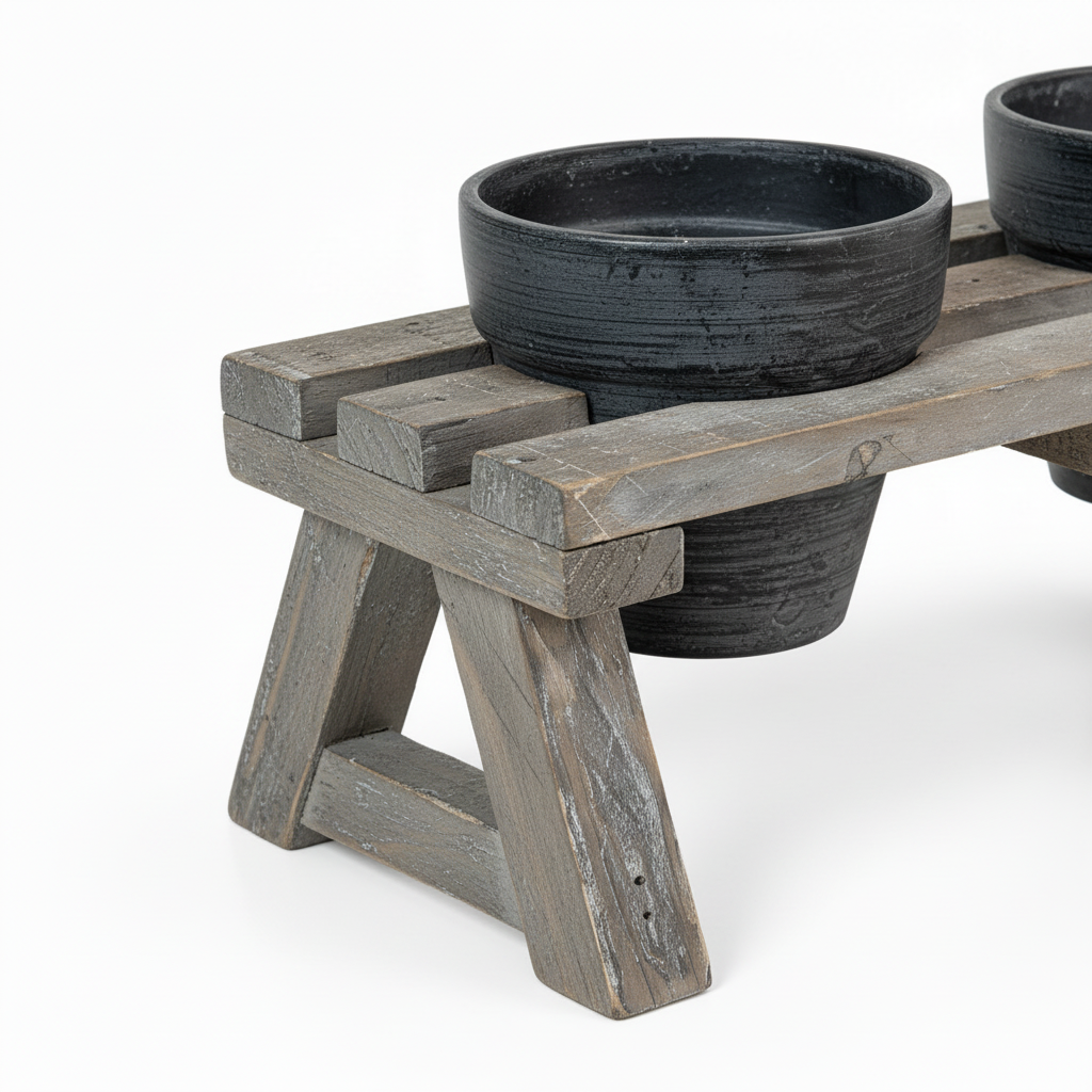 Close-up detail of empty textured planter and distressed wooden bench frame