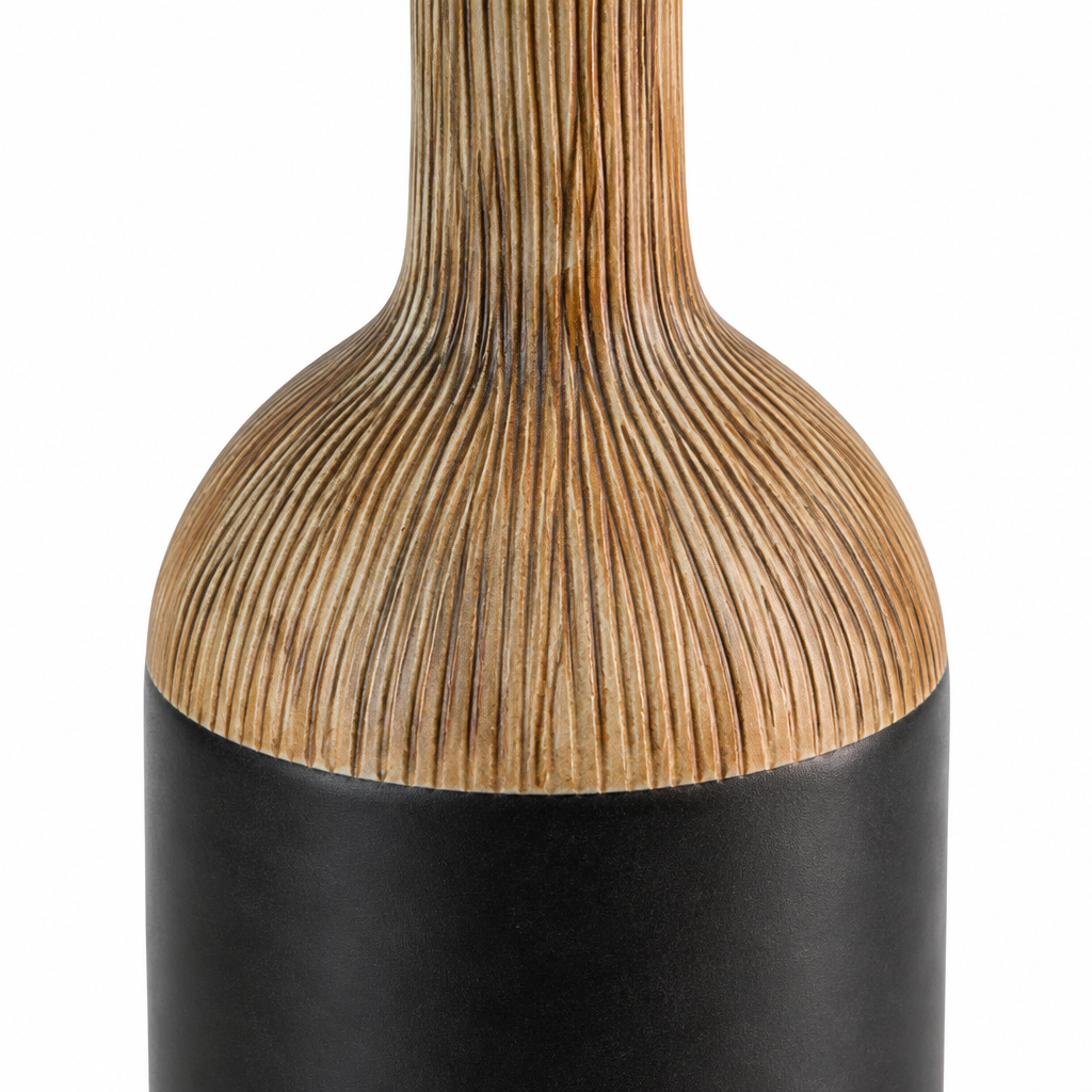 Close-up detail of the vertically ribbed wood-effect neck and smooth matte black ceramic body
