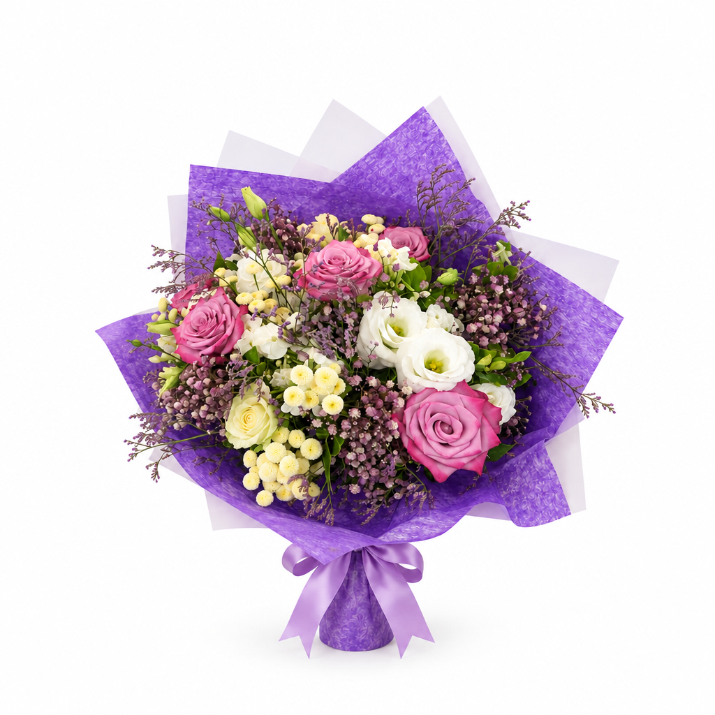 Purple-wrapped pink and cream rose bouquet on a white background