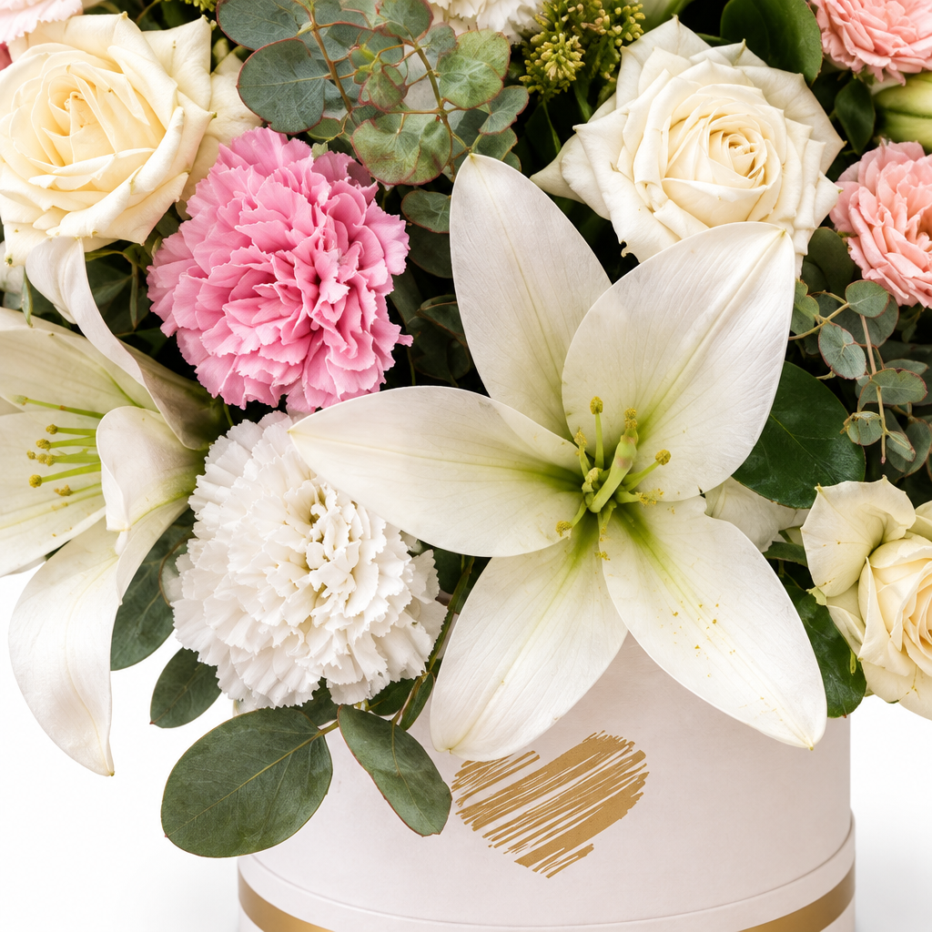 Luxury lily and rose flower box close-detail photo