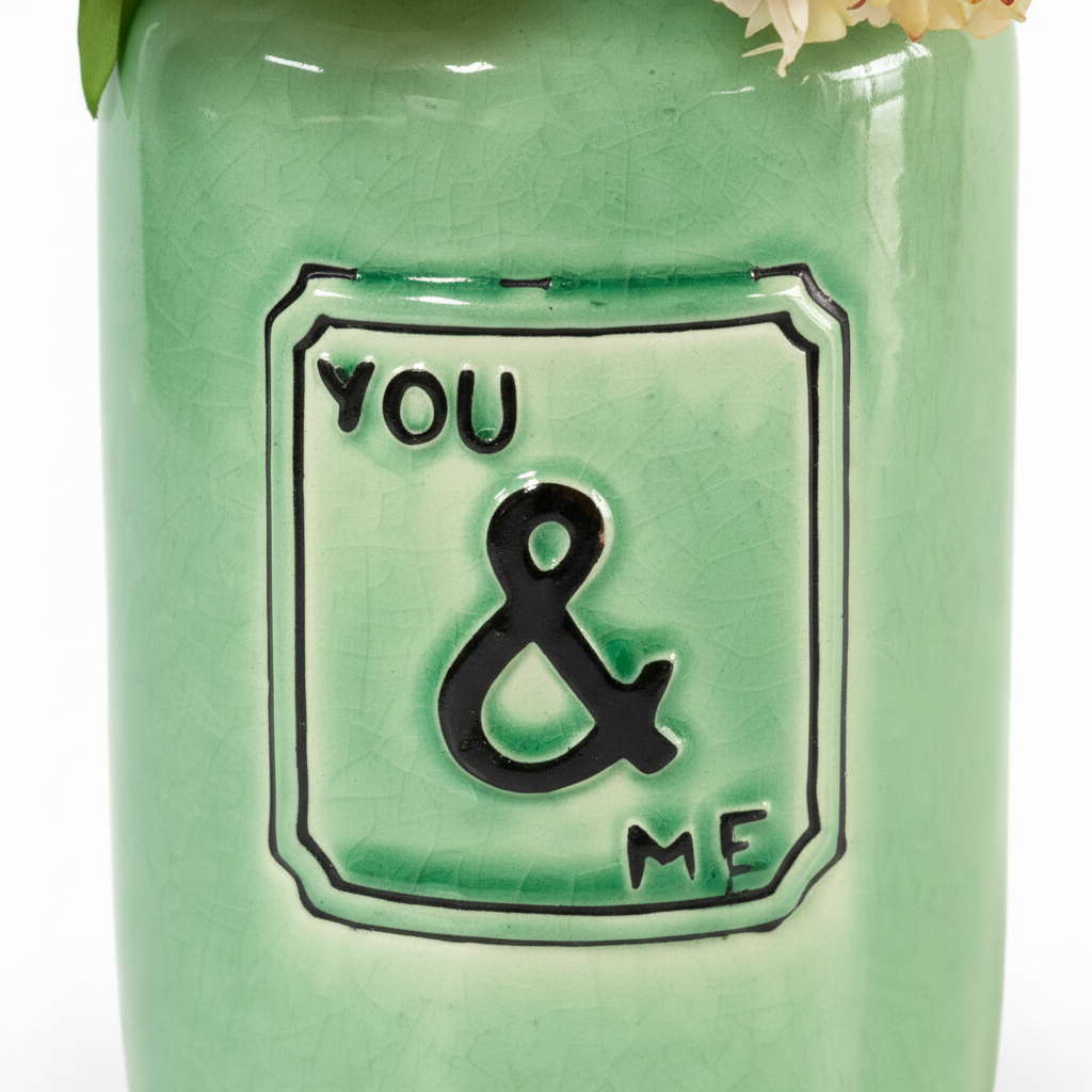 Macro detail of the You and Me plaque on the green ceramic vase