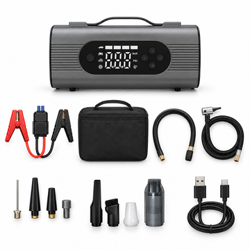 Multi-function car tool with its shown accessories on white