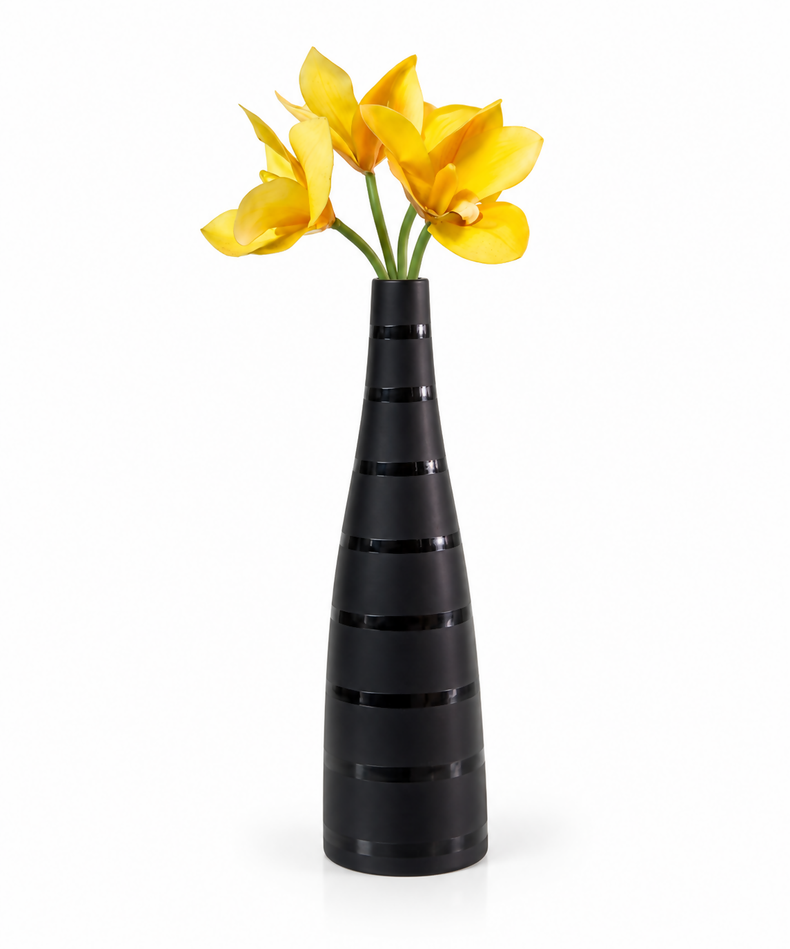 Tall Black Tapered Striped Ceramic Vase