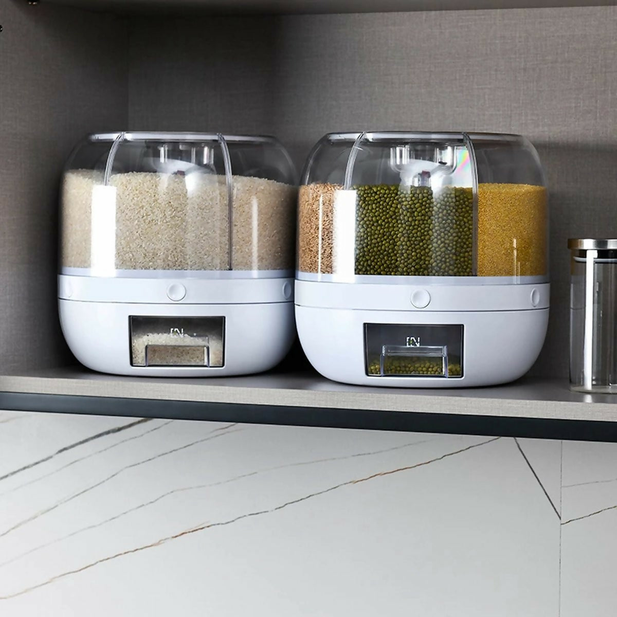 Rotating Grain Dispenser with Separate Storage Sections