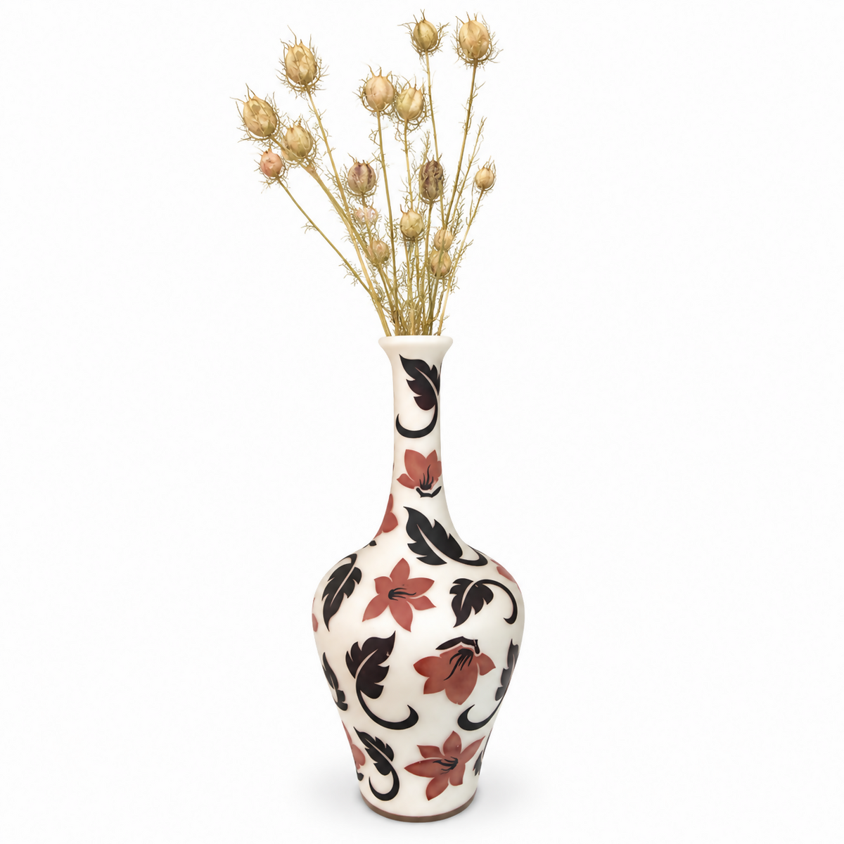 Long-Neck Ivory Floral Pattern Ceramic Vase