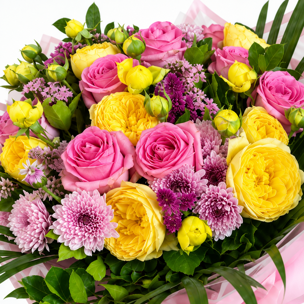 Pink and yellow mixed bouquet close-detail photo