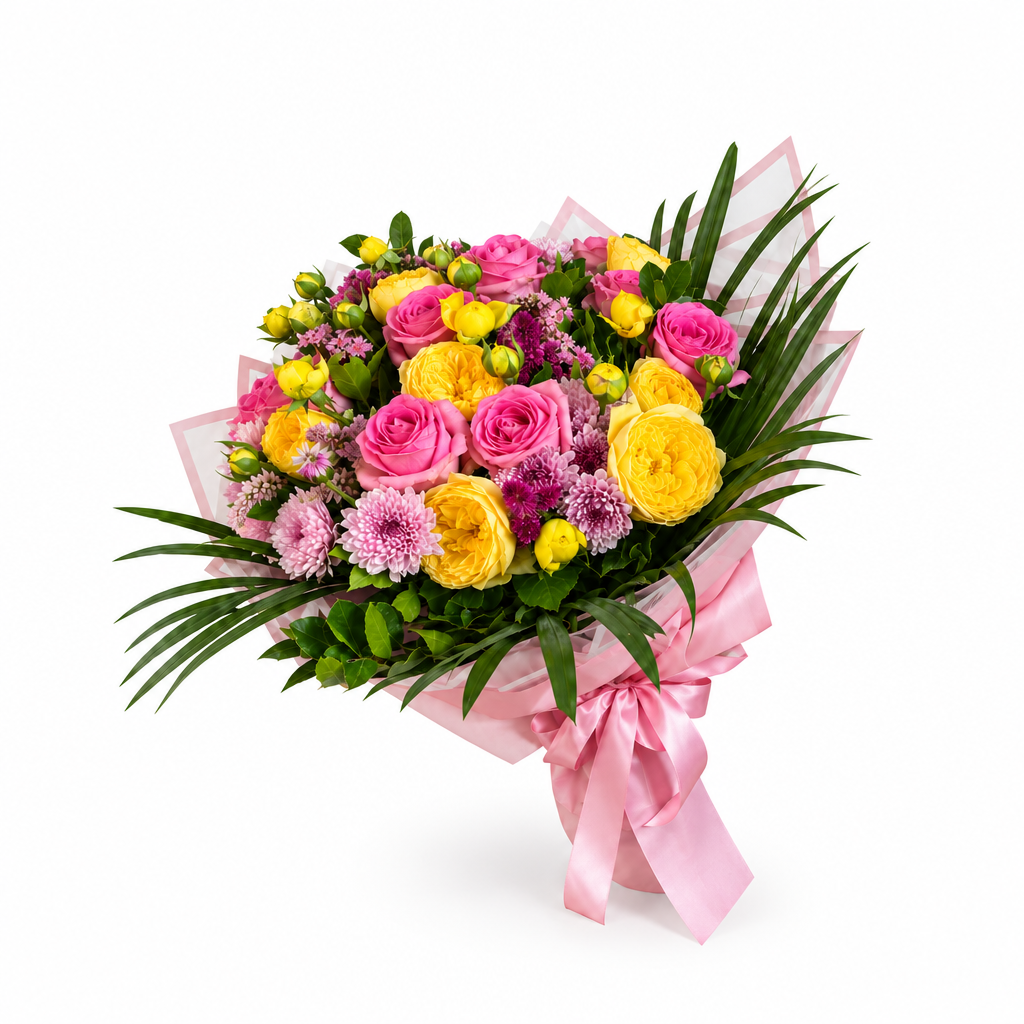 Pink and yellow mixed bouquet hero, 5% smaller with white space