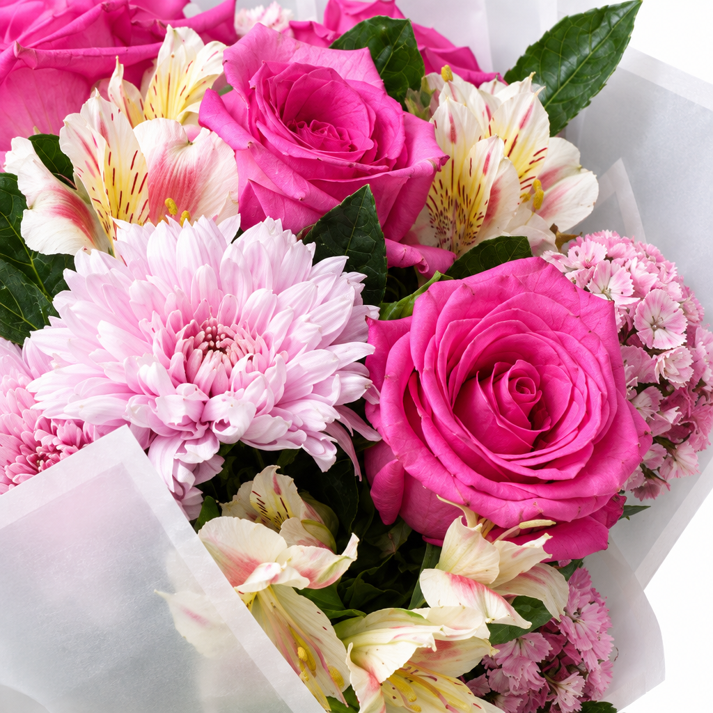 Pink rose and chrysanthemum bouquet close-detail photo