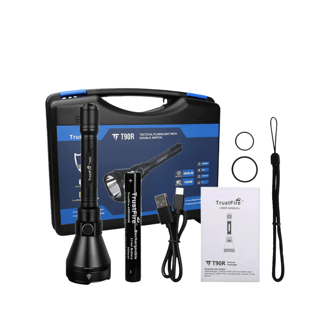 TrustFire T90R Long-Range Hunting Flashlight – 4800 Lumens, 4 Lighting Modes, 1600m Beam, Rechargeable USB-C - Yalla Mart