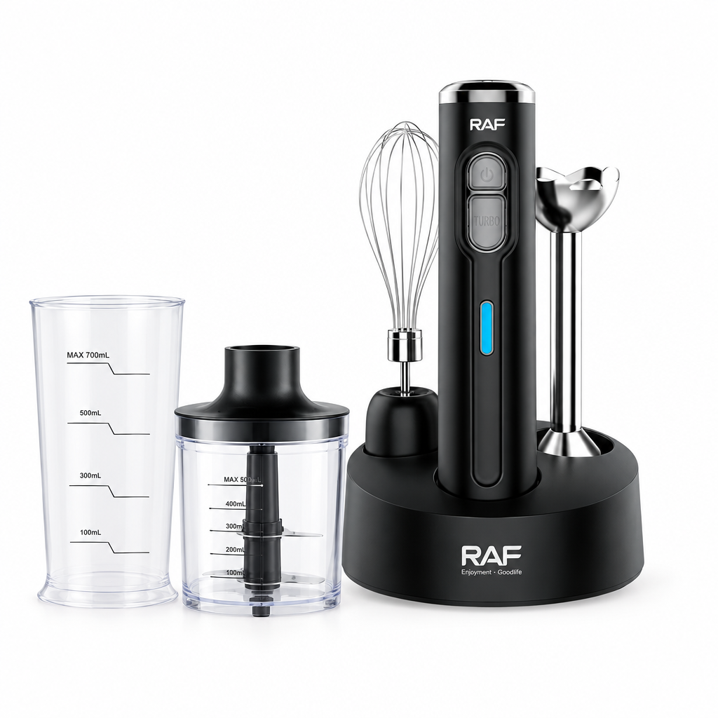 RAF blender set with its original attachments on white