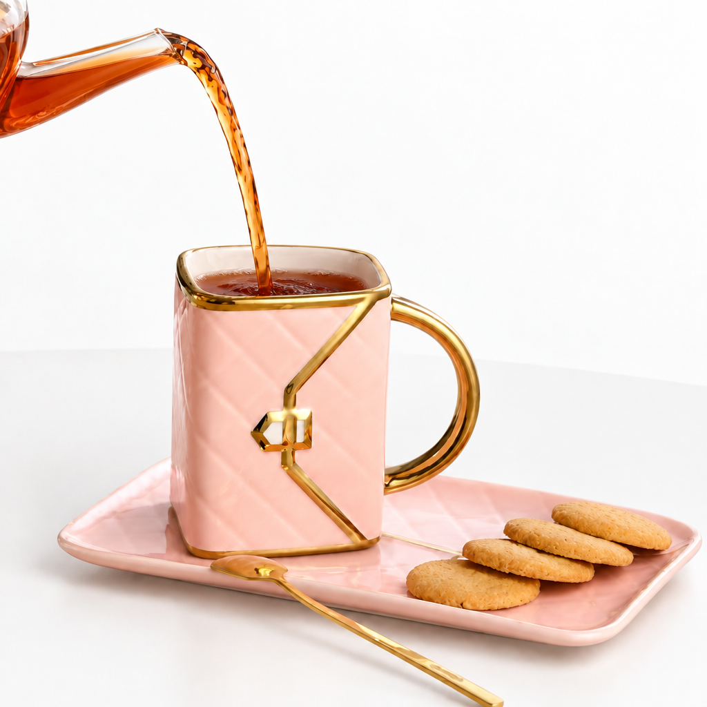 Realistic reddish-amber tea pouring into the pink and gold mug