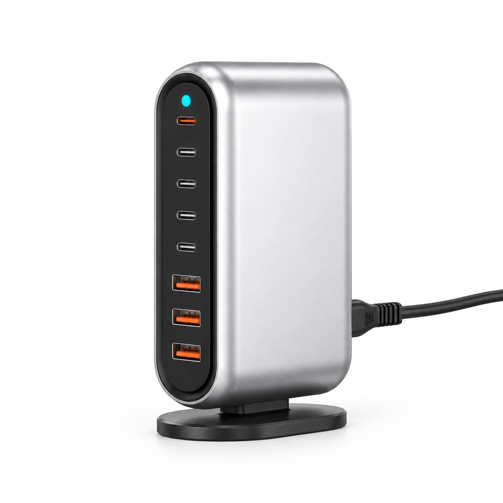 Silver eight-port charging station centered on white