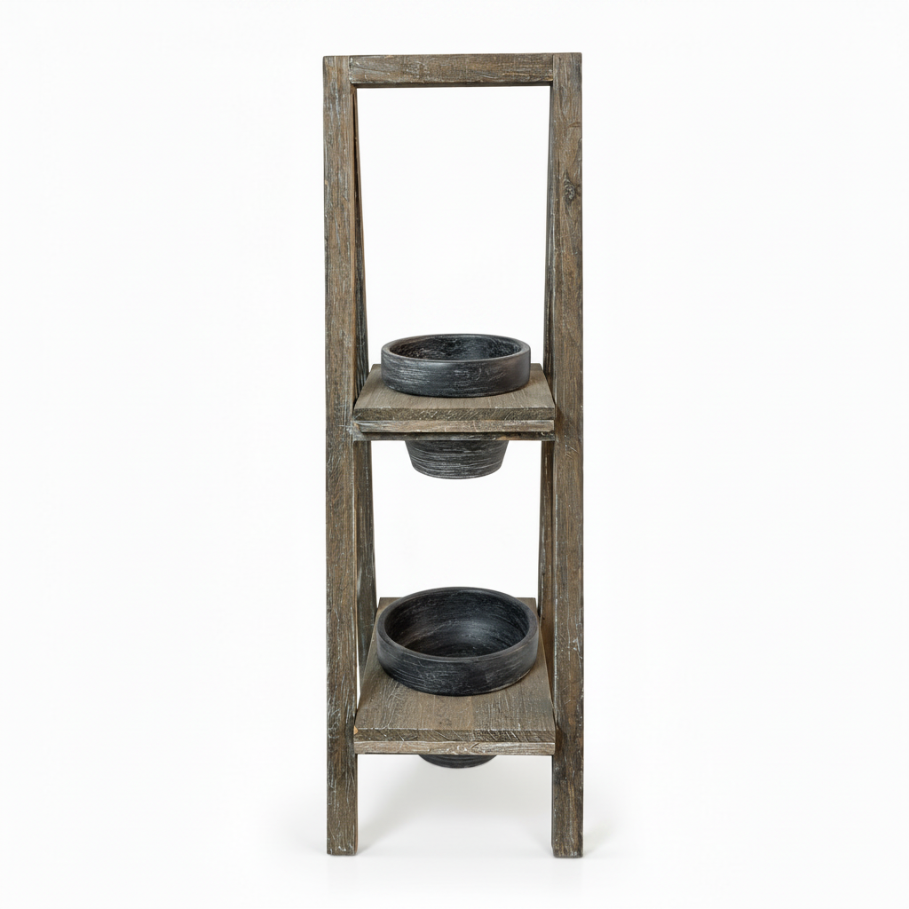 Smaller rustic two-tier plant stand with empty planters