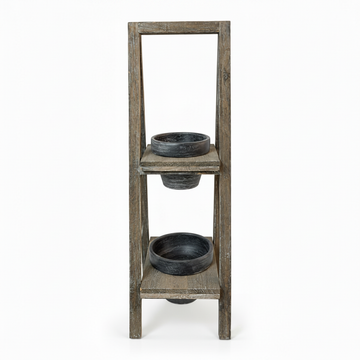 Smaller rustic two-tier plant stand with empty planters