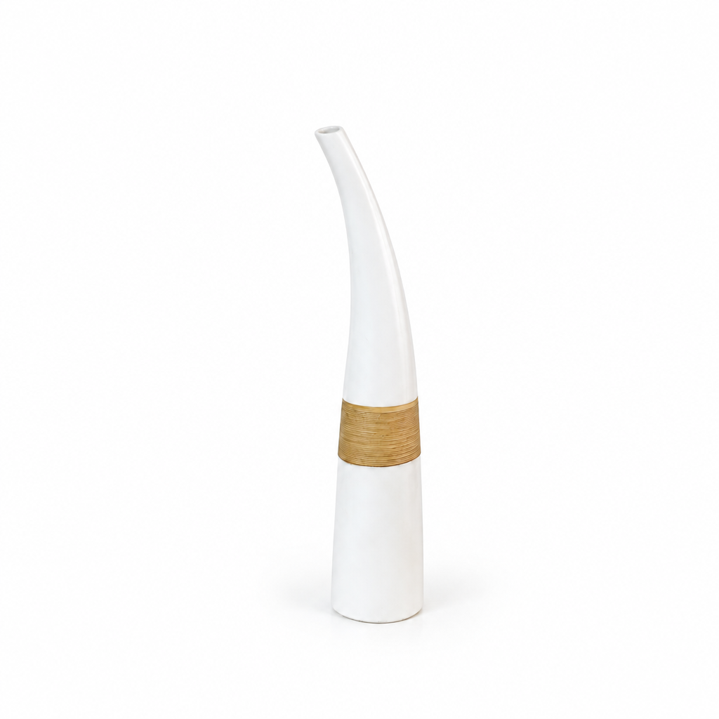 Tall curved white ceramic vase shown smaller without orchids or stems