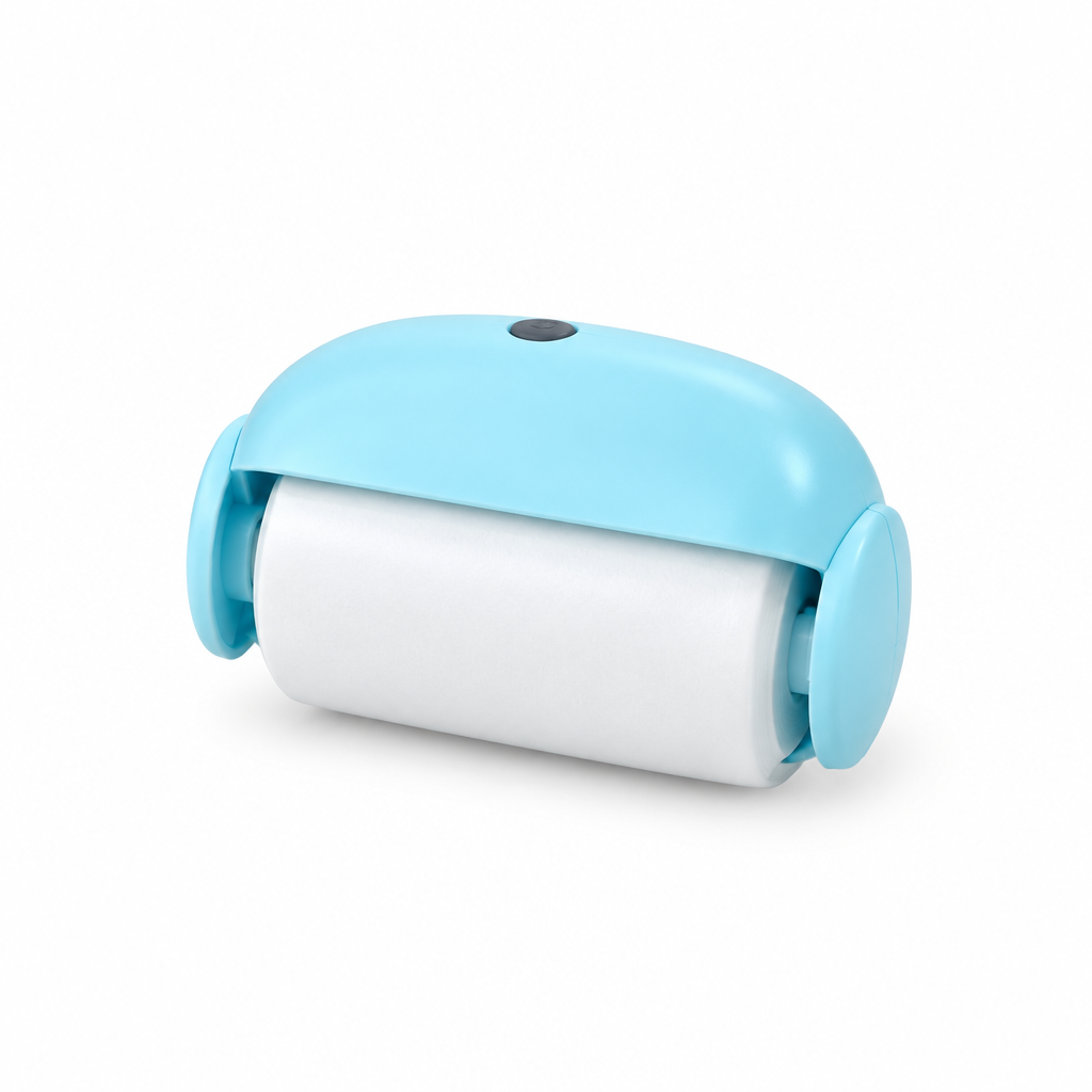 Turquoise washable lint roller centered on white