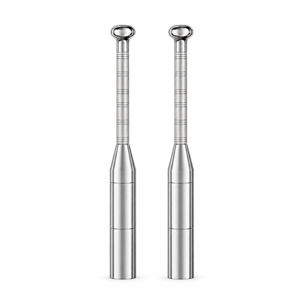 Two steel clubbells centered on a white background