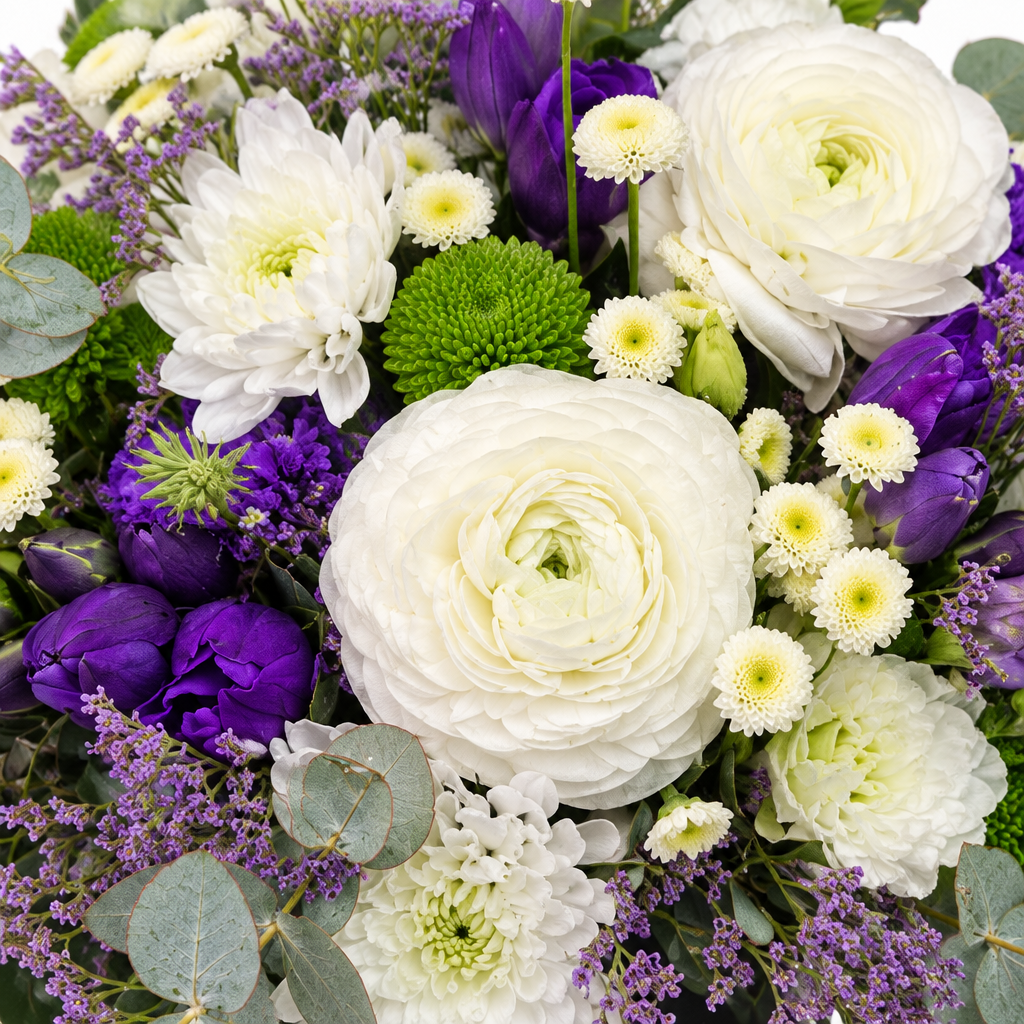 White and purple luxury flower box close-detail photo