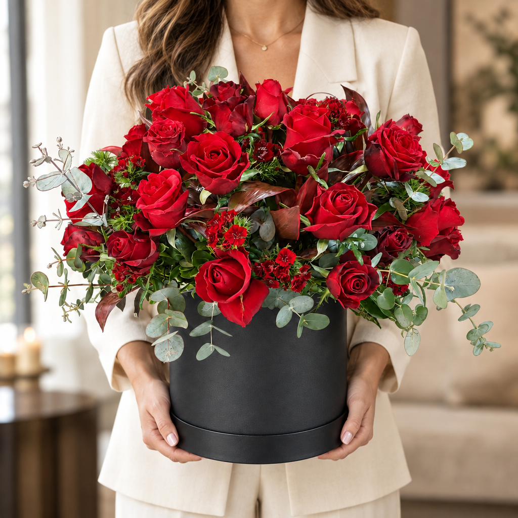 Woman holding the exact Crimson Elegance luxury rose box