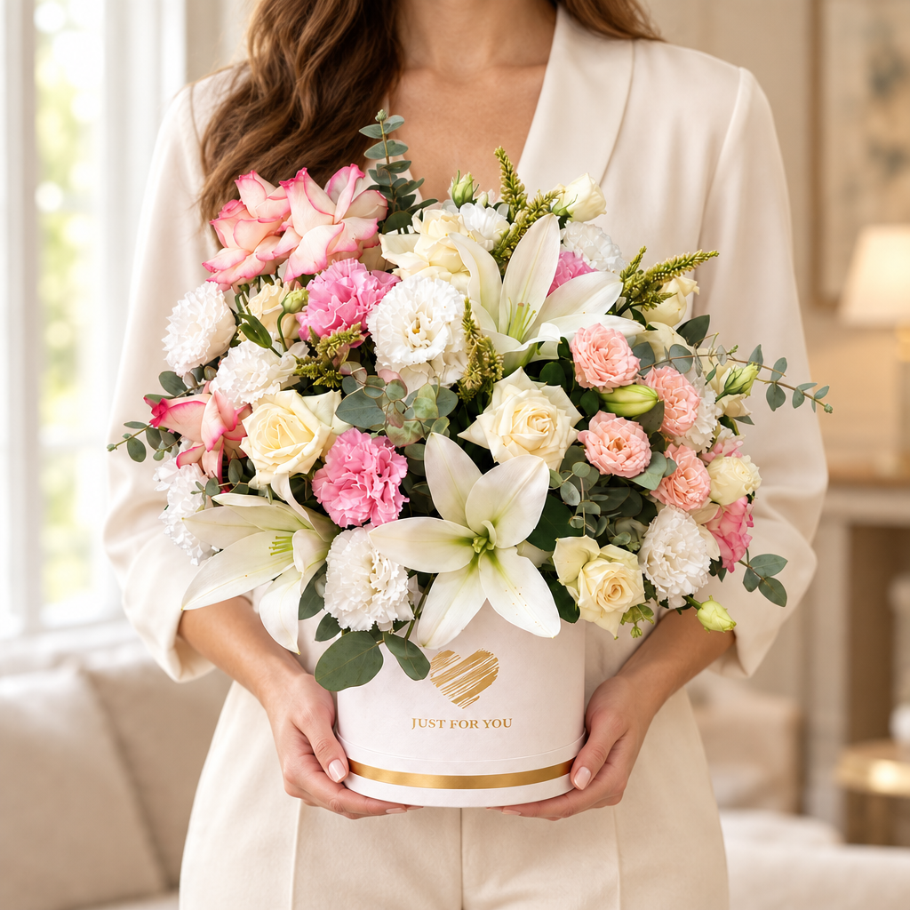 Woman holding the exact luxury flower box