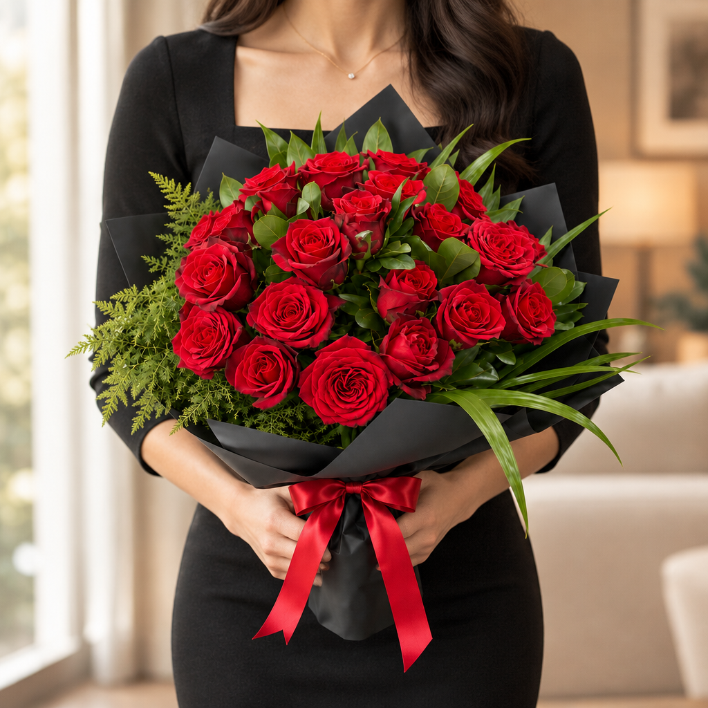 Woman holding the exact Midnight Romance red rose bouquet