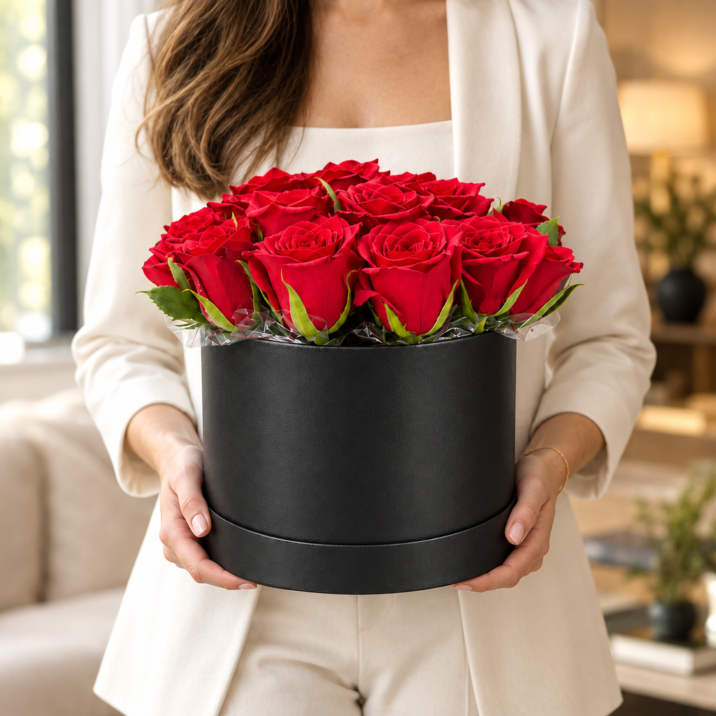 Woman holding the exact red rose luxury flower box