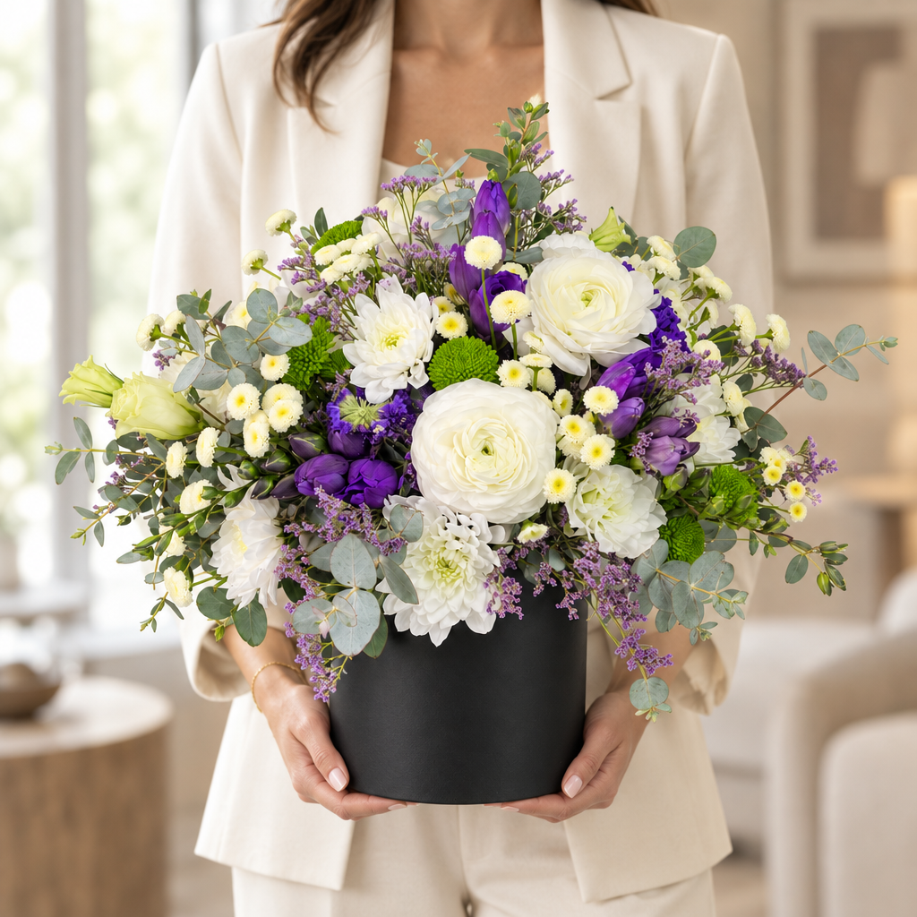 Woman holding the exact white and purple luxury flower box