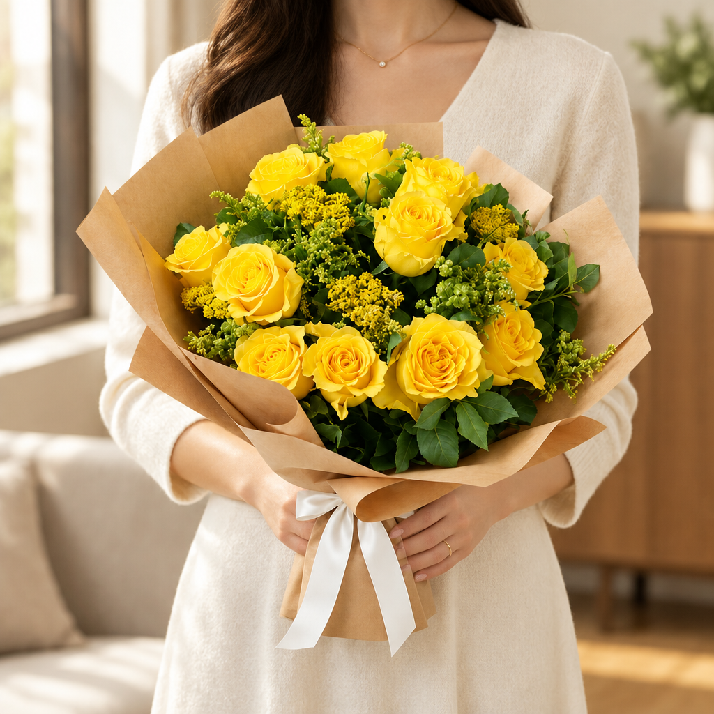 Woman holding the exact yellow rose bouquet